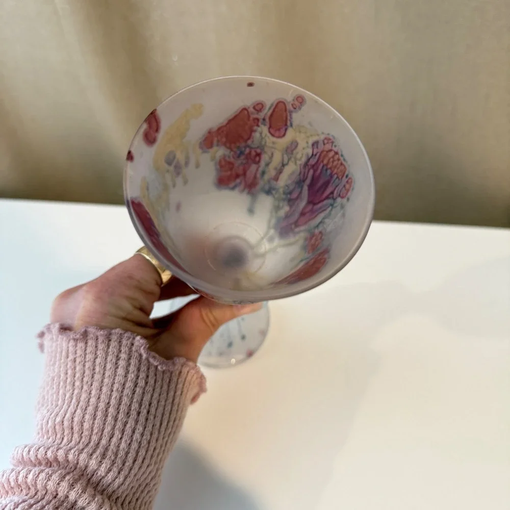 Artisan Hand Blown Frosted Glass‎ Wine Goblet Abstract Floral